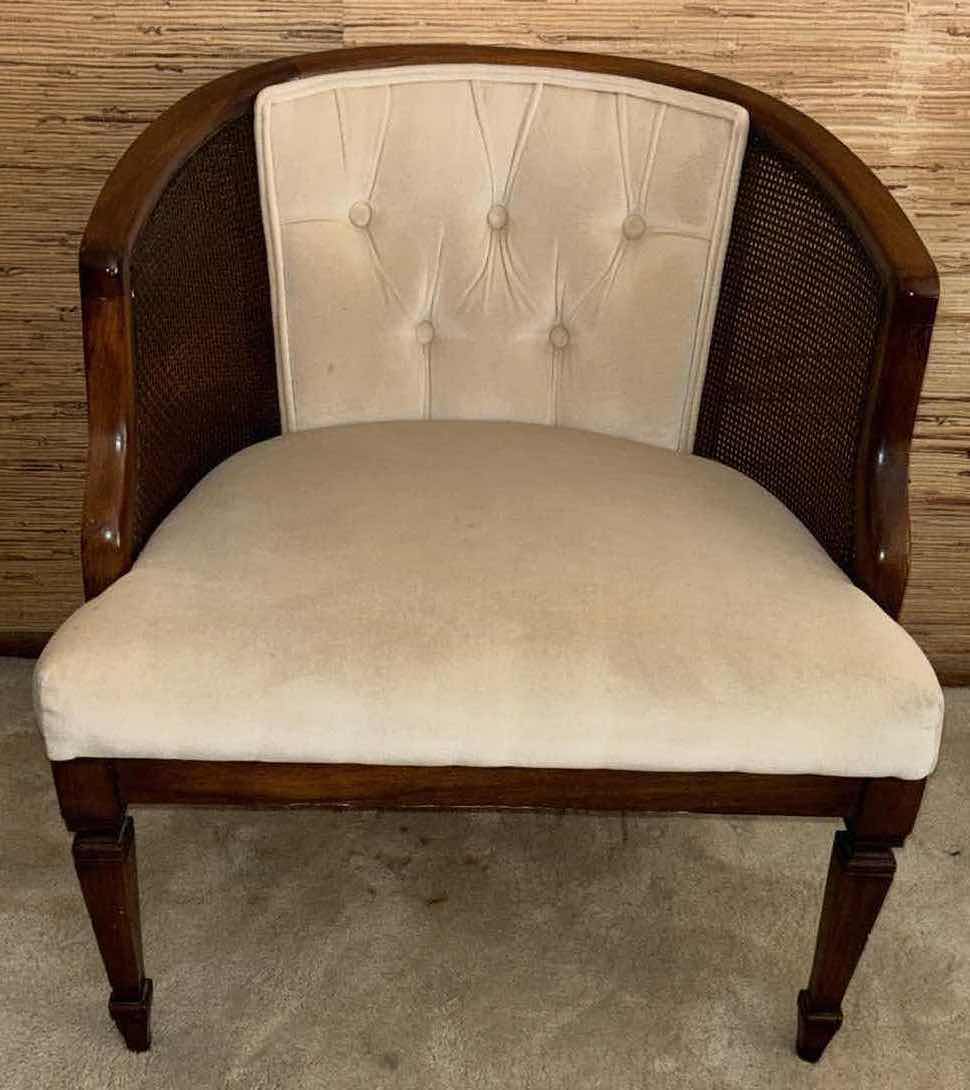 Photo 1 of MID CENTURY BARREL BACK VELVET & CANE BACK CHAIR 24.5” X 26.25” H28.5”