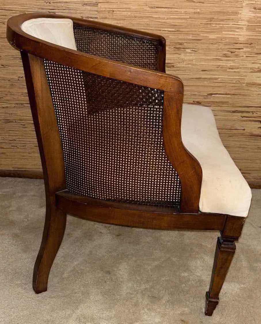 Photo 2 of MID CENTURY BARREL BACK VELVET & CANE BACK CHAIR 24.5” X 26.25” H28.5”