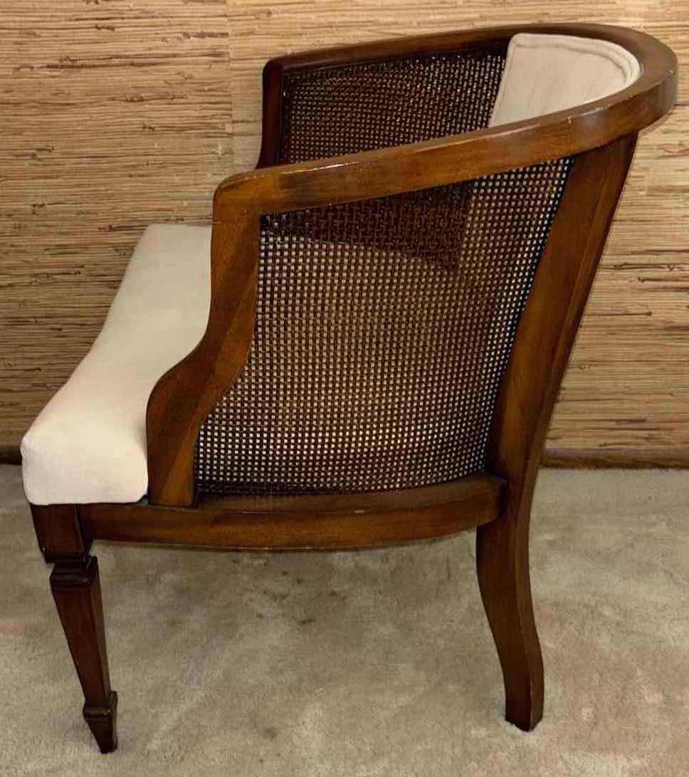 Photo 4 of MID CENTURY BARREL BACK VELVET & CANE BACK CHAIR 24.5” X 26.25” H28.5”