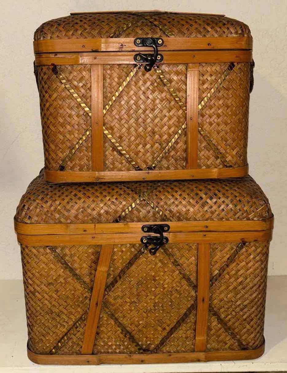 Photo 2 of VINTAGE HINGED WICKER WOVEN STORAGE CHEST TRUNK SET OF 2