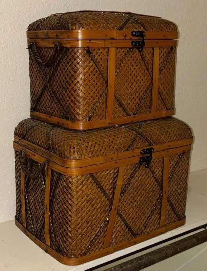 Photo 1 of VINTAGE HINGED WICKER WOVEN STORAGE CHEST TRUNK SET OF 2