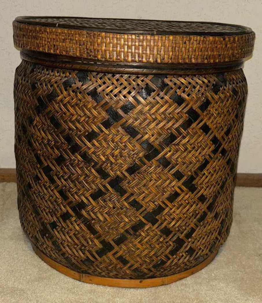 Photo 2 of LARGE WOVEN STORAGE BASKET W LID 16” X 16” H15.75”