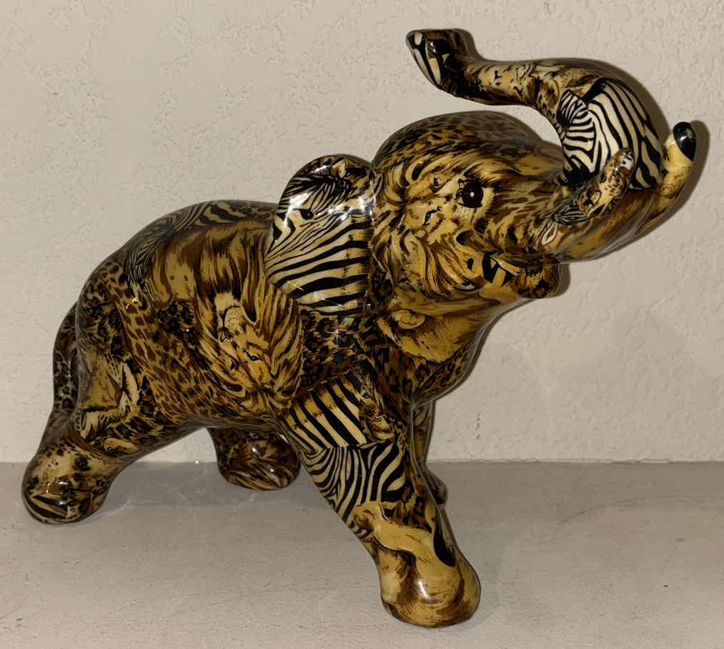 Photo 2 of MID CENTURY LA VIE CERAMIC TRUNK UP ELEPHANT FIGURINE W SAFARI ANIMAL PATCHWORK PRINT (2 PCS)