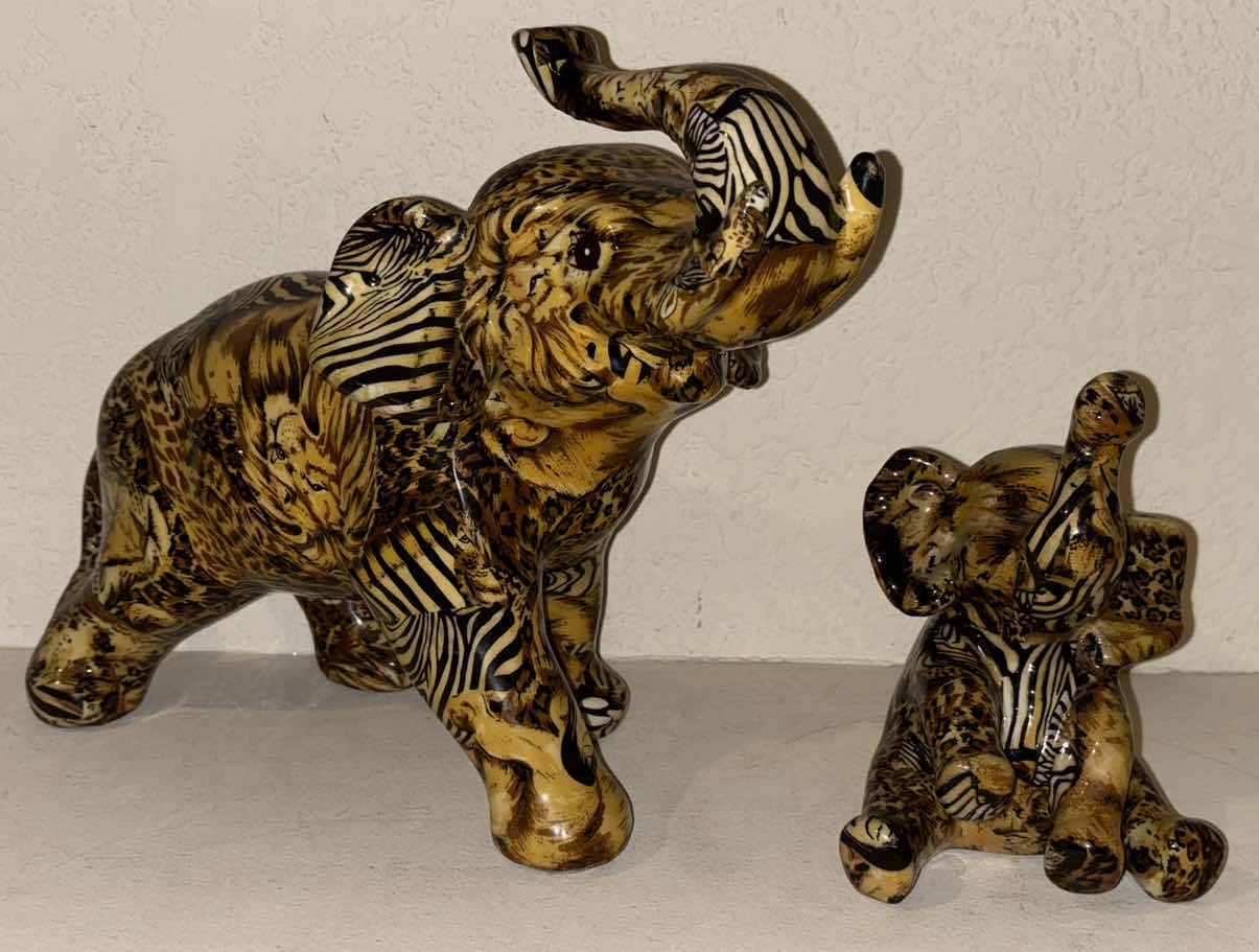 Photo 1 of MID CENTURY LA VIE CERAMIC TRUNK UP ELEPHANT FIGURINE W SAFARI ANIMAL PATCHWORK PRINT (2 PCS)