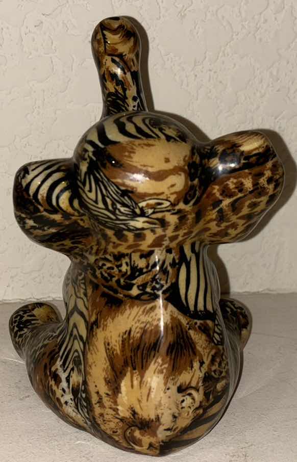 Photo 5 of MID CENTURY LA VIE CERAMIC TRUNK UP ELEPHANT FIGURINE W SAFARI ANIMAL PATCHWORK PRINT (2 PCS)