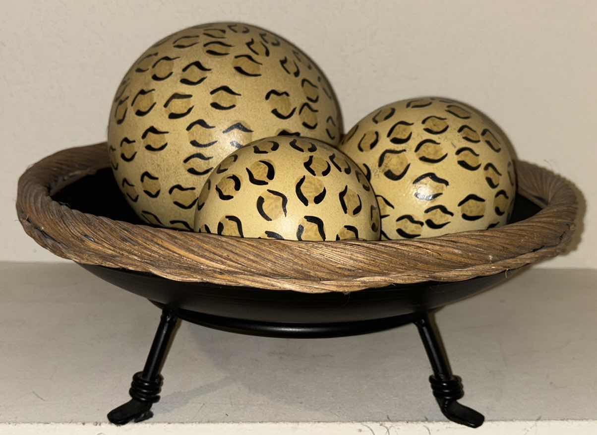 Photo 1 of VINTAGE HAND PAINTED FIRED CLAY ORBS W LEOPARD PRINT (3 SIZES) IN METAL/WICKER 14.5” DISH