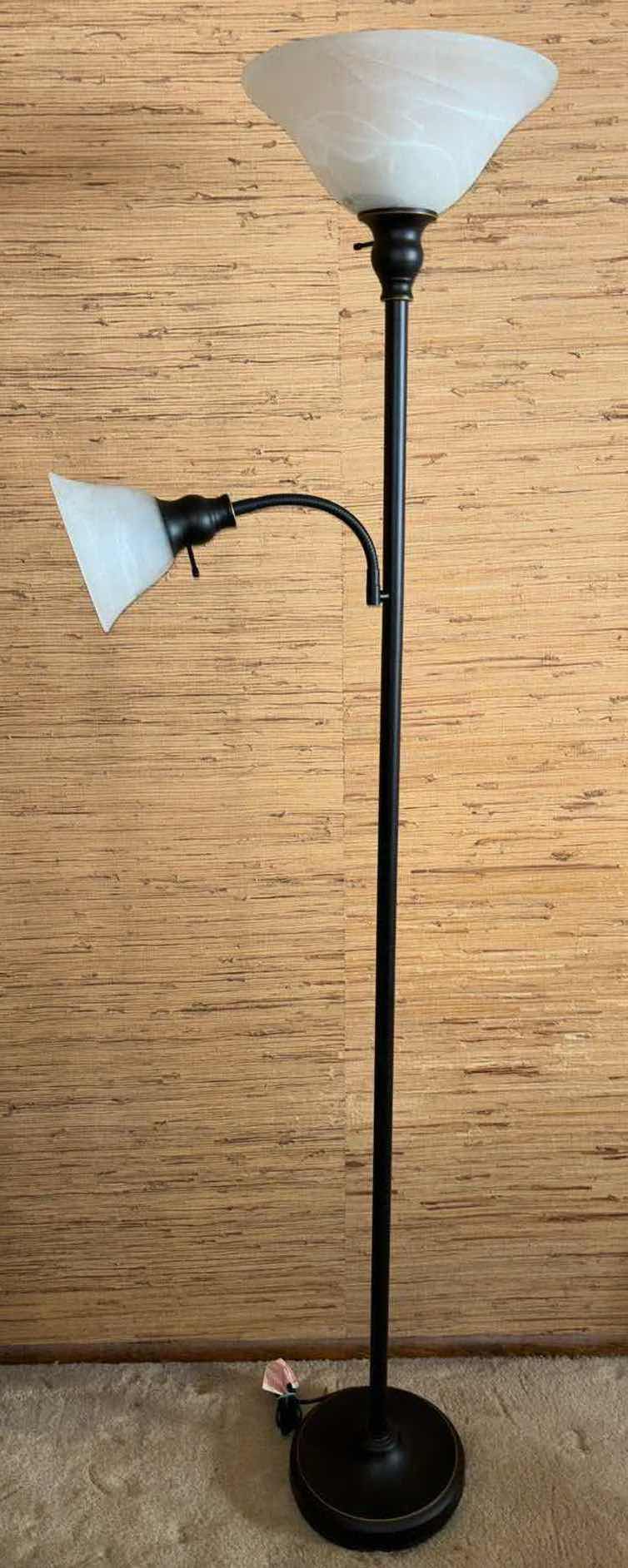 Photo 2 of HAMPTON BAY 71” ANTIQUE BRONZE FLOOR LAMP W 2 ALABASTER GLASS SHADES (HD11750FRABZC)