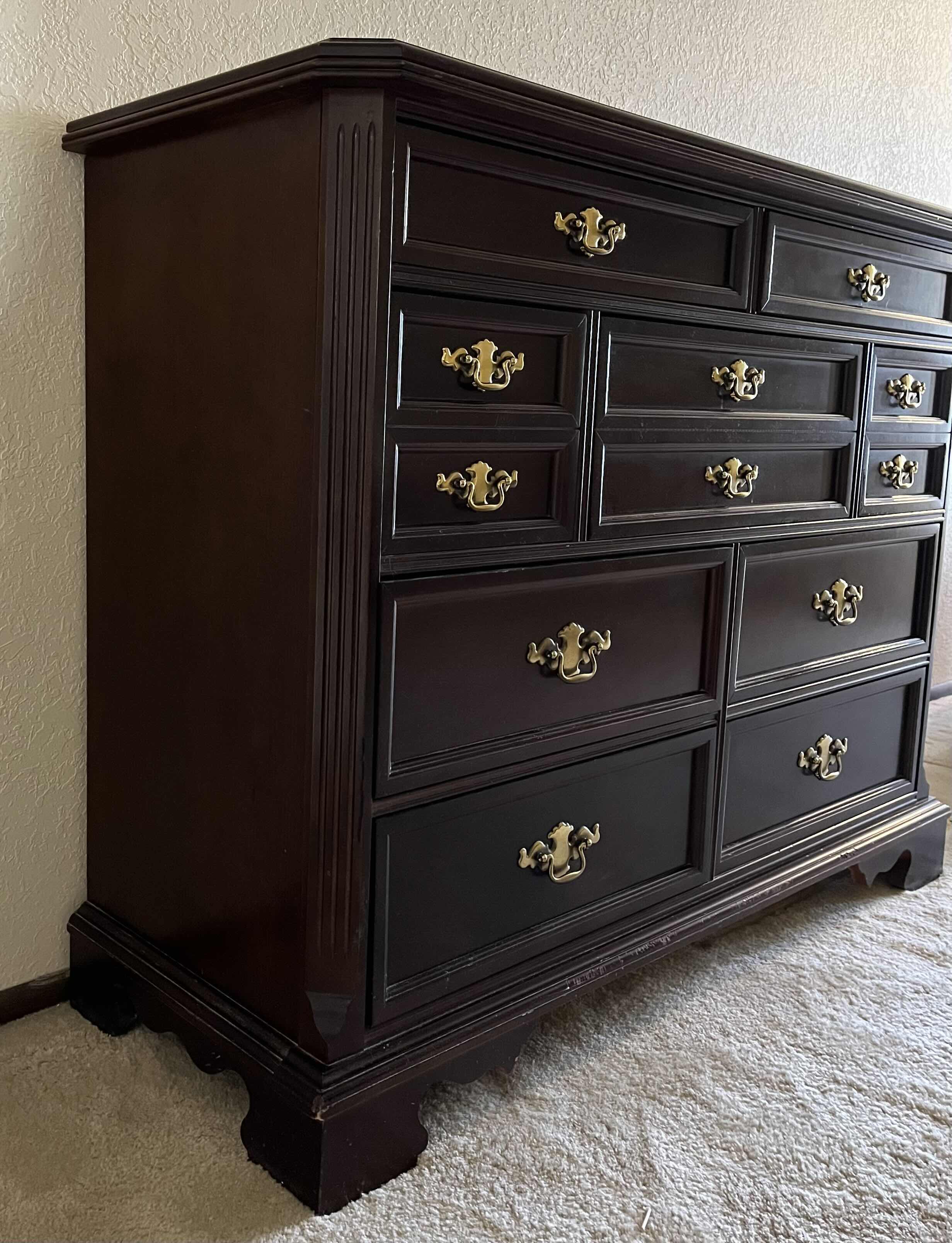 Photo 4 of BASSETT DARK WALNUT WOOD 9 DRAWER MULE CHEST DRESSER 52” X 19” H41”