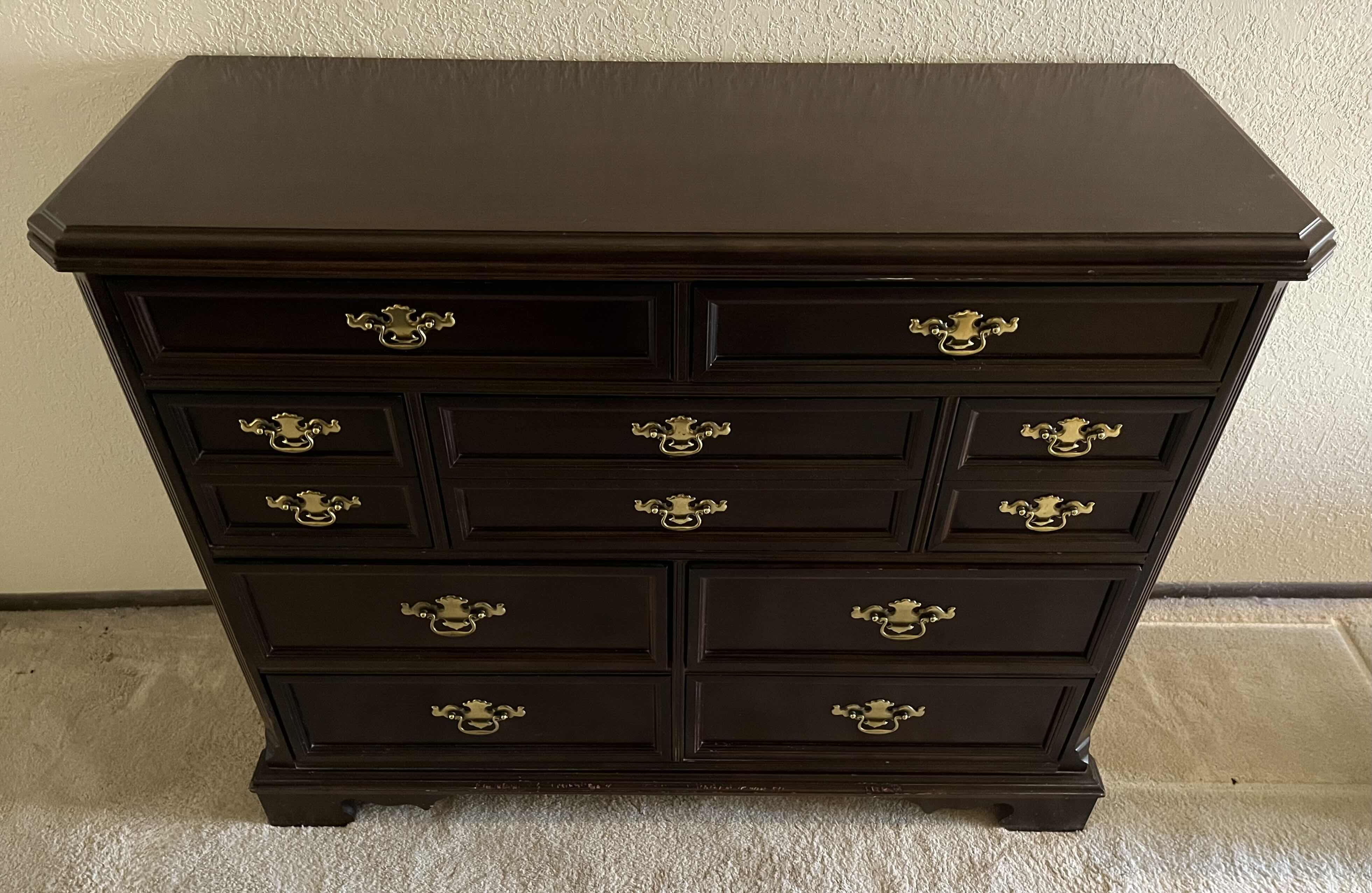 Photo 2 of BASSETT DARK WALNUT WOOD 9 DRAWER MULE CHEST DRESSER 52” X 19” H41”