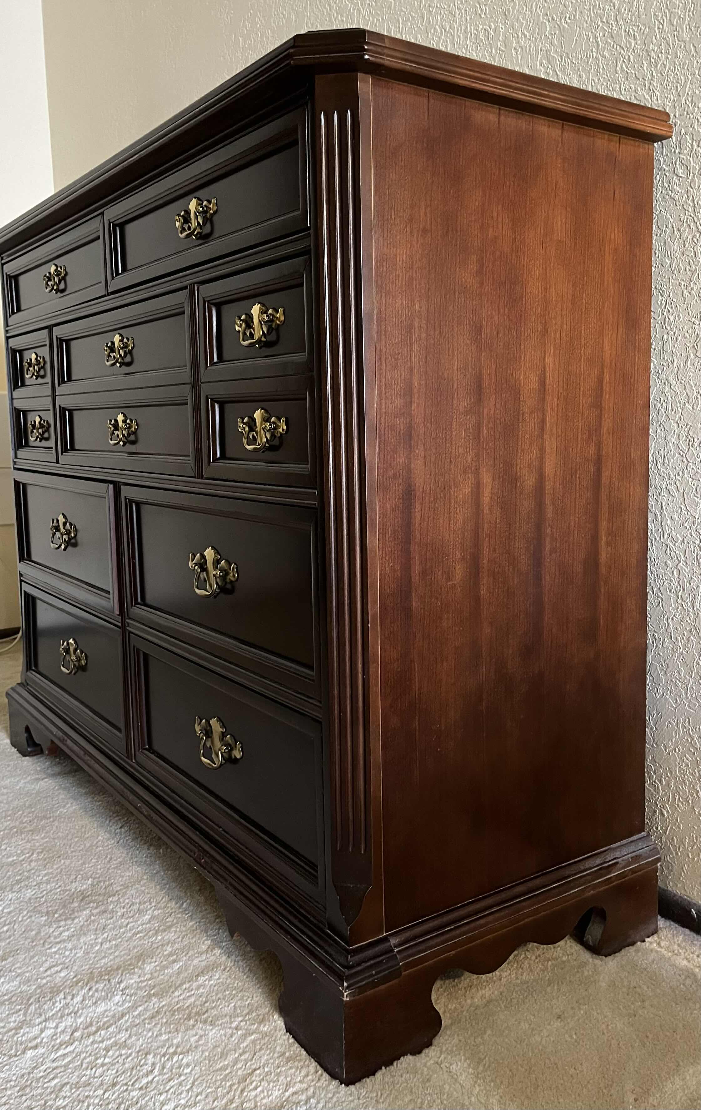 Photo 3 of BASSETT DARK WALNUT WOOD 9 DRAWER MULE CHEST DRESSER 52” X 19” H41”