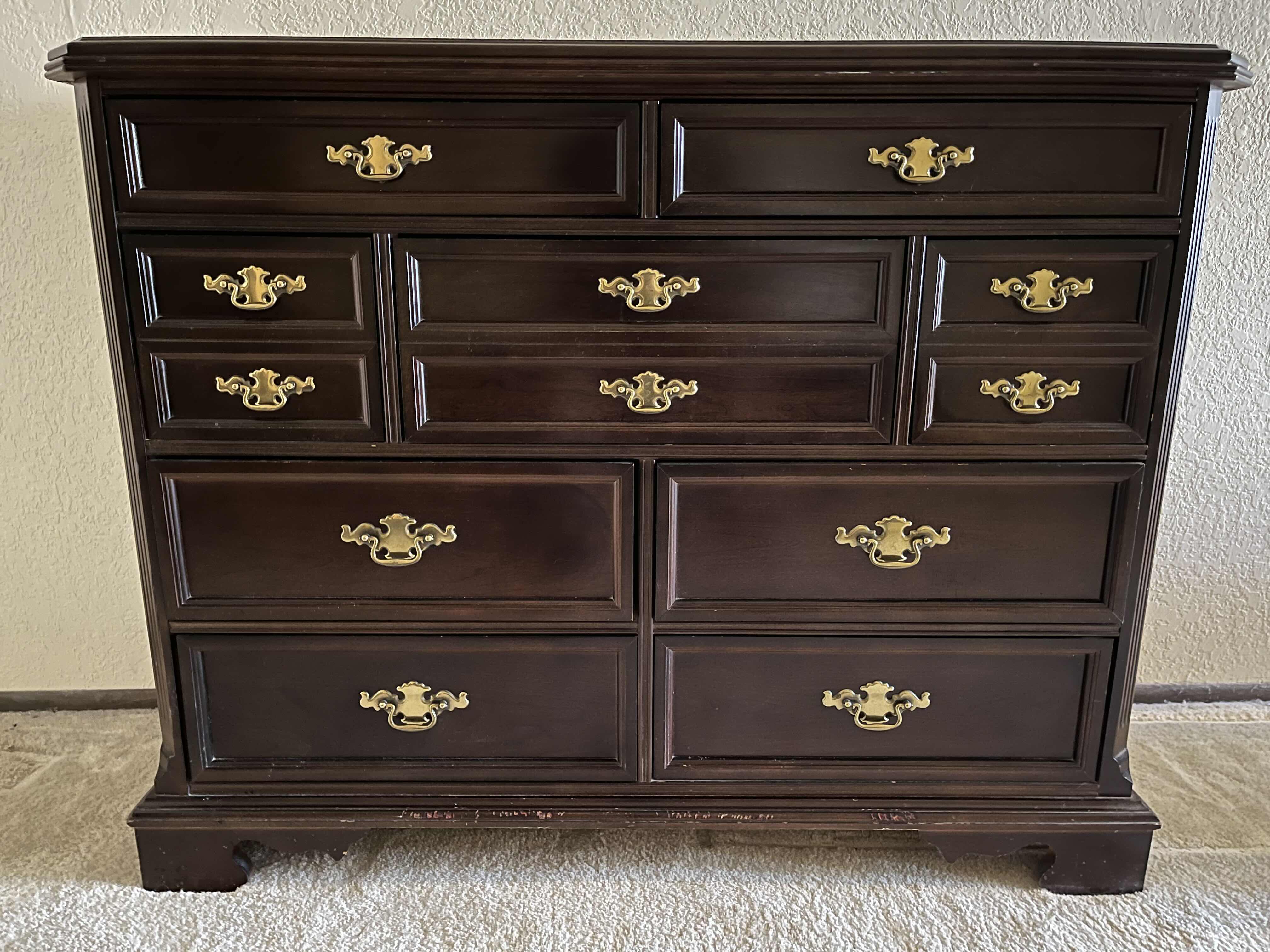 Photo 1 of BASSETT DARK WALNUT WOOD 9 DRAWER MULE CHEST DRESSER 52” X 19” H41”