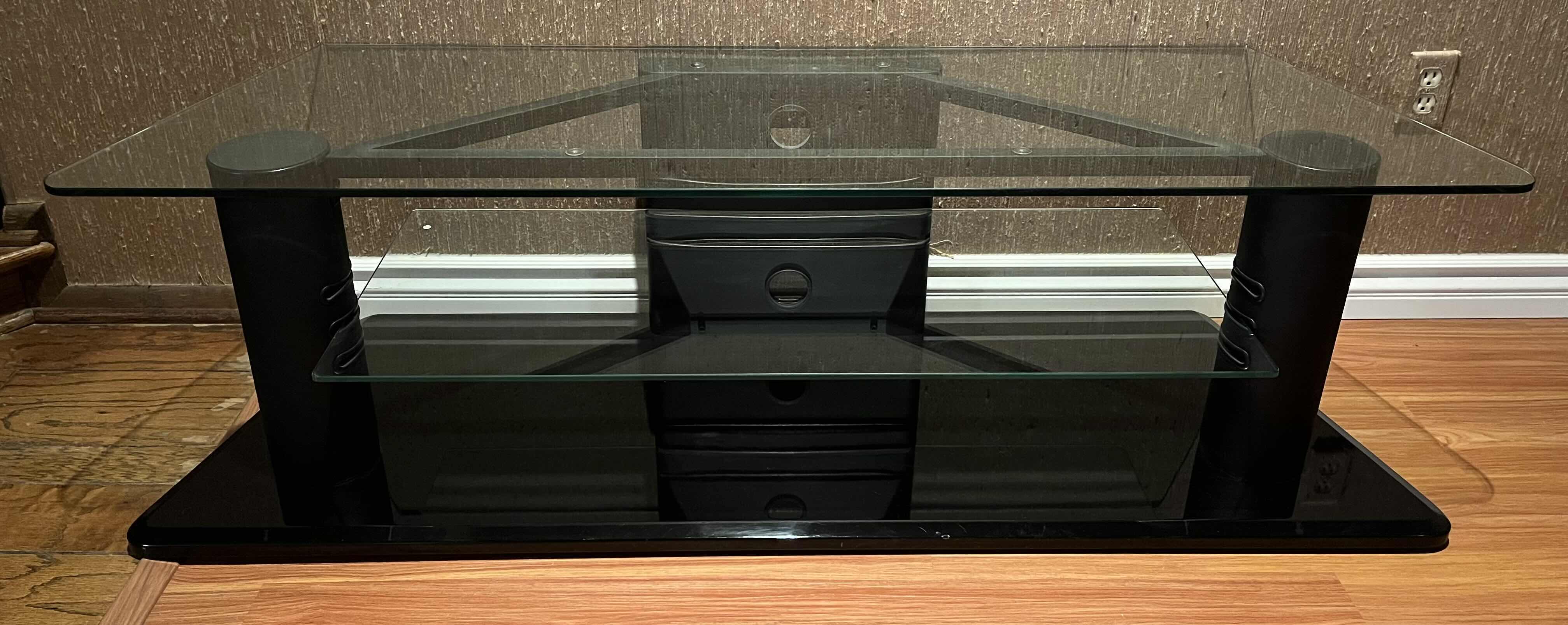 Photo 1 of BLACK METAL FRAME TEMPERED GLASS SHELF TV STAND ENTERTAINMENT CENTER W ADJUSTABLE SHELF 61” X 21” H17.75”