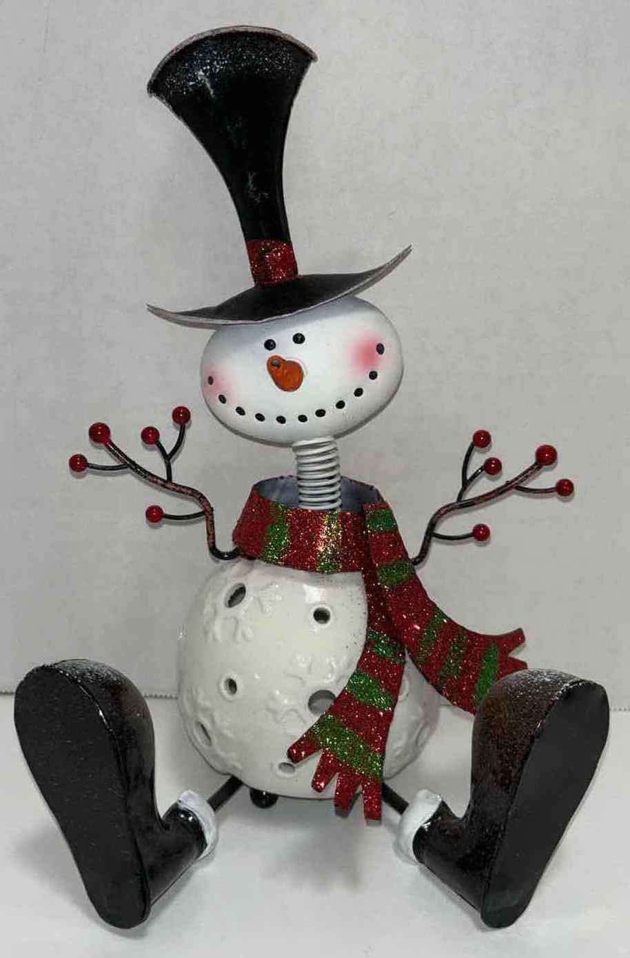 Photo 1 of PIER 1 IMPORTS METAL BOBBLE HEAD SNOWMAN LED TEALIGHT CANDLE HOLDER H10.25”