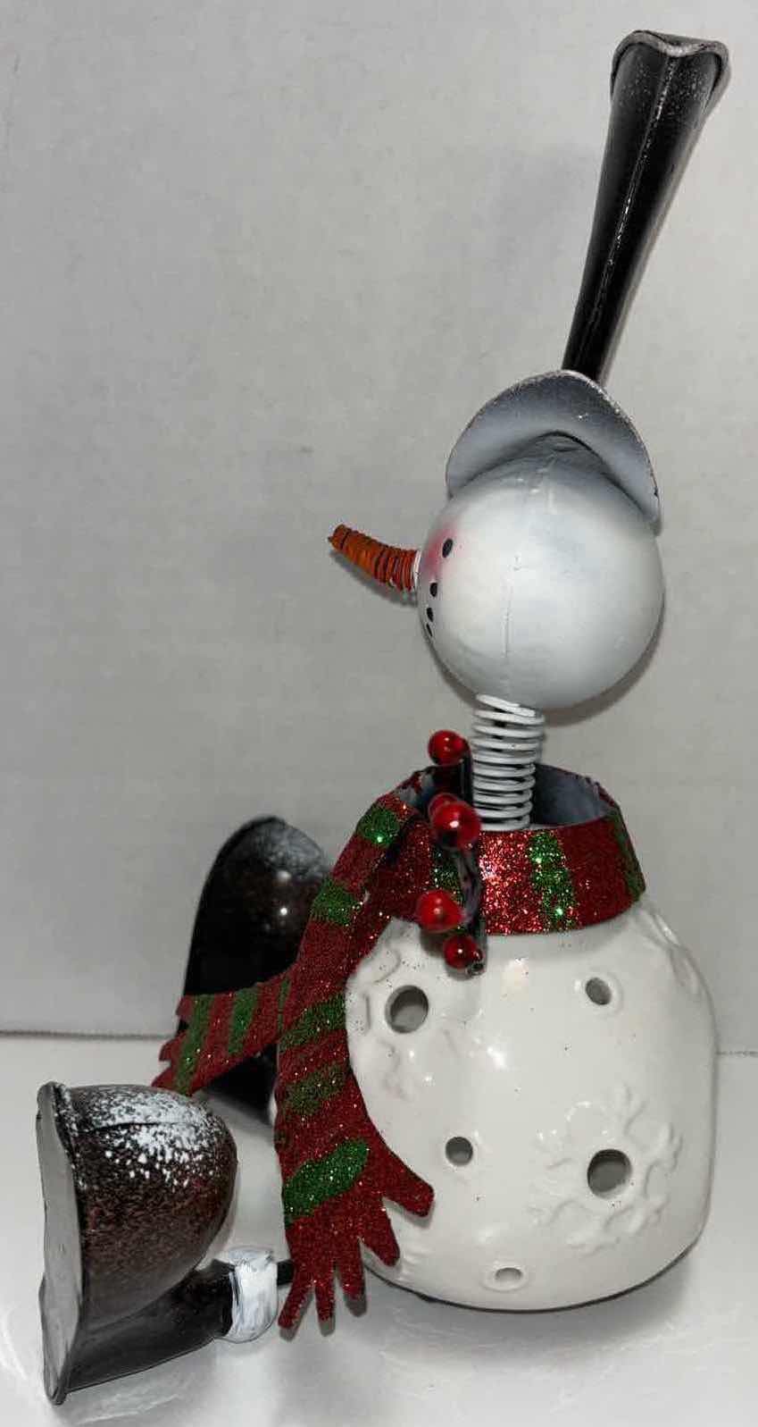 Photo 2 of PIER 1 IMPORTS METAL BOBBLE HEAD SNOWMAN LED TEALIGHT CANDLE HOLDER H10.25”