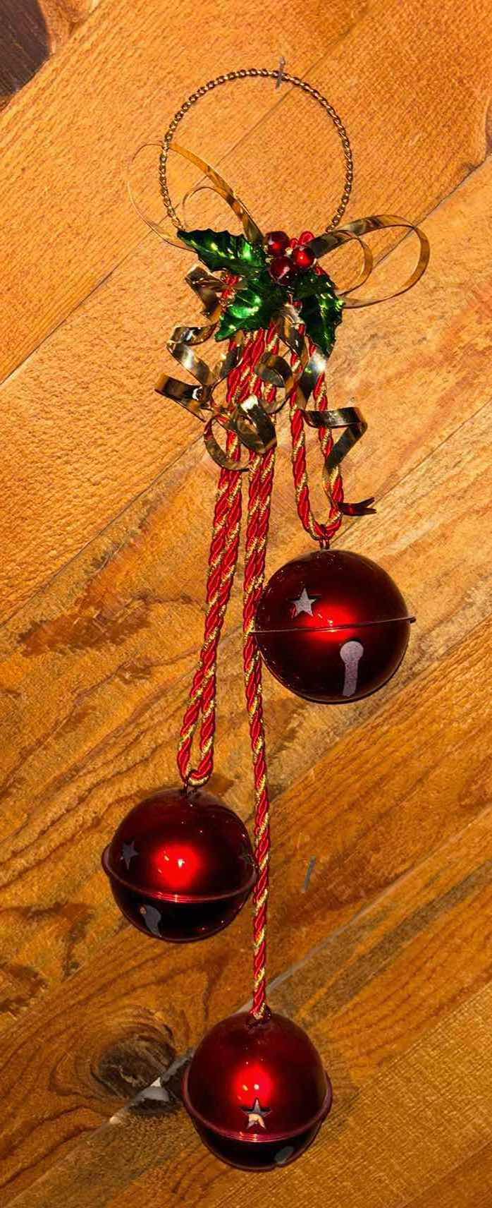 Photo 1 of CHRISTMAS DOOR BELL HANGER W JUMBO RED METAL BELLS (3.5”D BELLS)