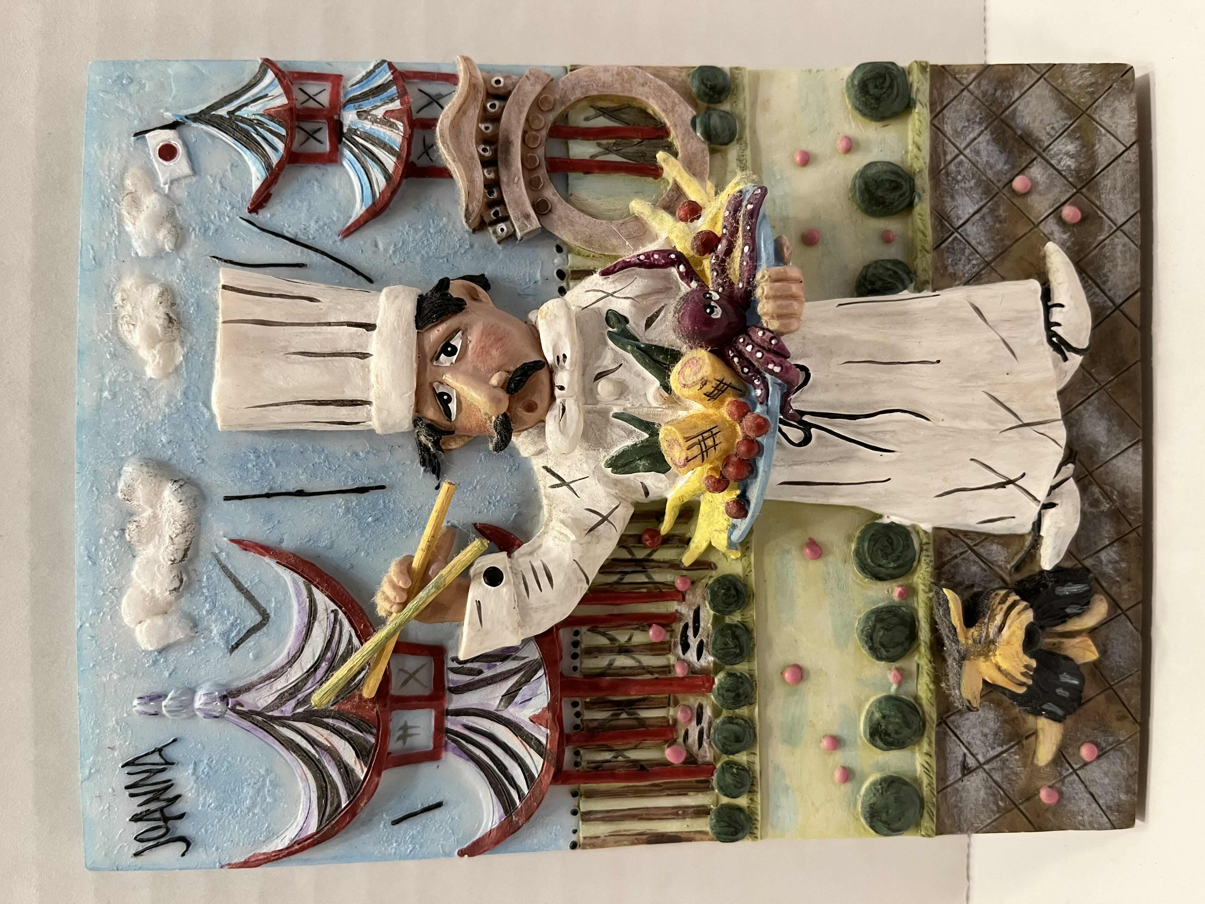 Photo 1 of WHIMSICAL CHEF SERVING OCTOPUS PLATTER JAPAN 3D CERAMIC TILE WALL ART BY JOANNA 4.75” X 6.25”