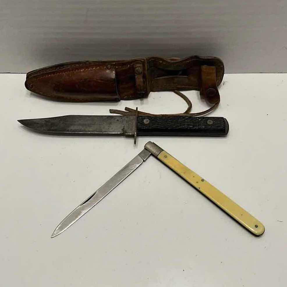 Photo 1 of IMPERIAL 9” FIXED BLADE KNIFE & AUG MULLER 10” FOLDING KNIFE W LEATHER DUAL SCABBARD