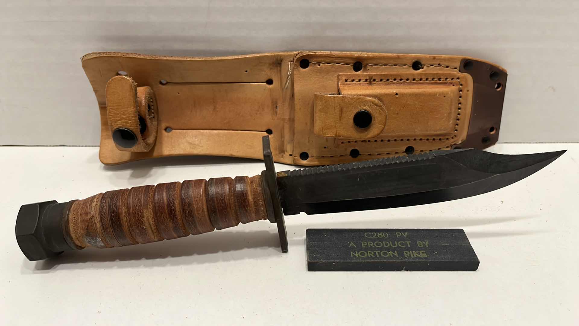 Photo 1 of CAMILLUS CUTLERY CO. PILOTS COMBAT SURVIVAL 10” FIXED BLADE KNIFE W SHARPENING STONE & LEATHER SHEATH