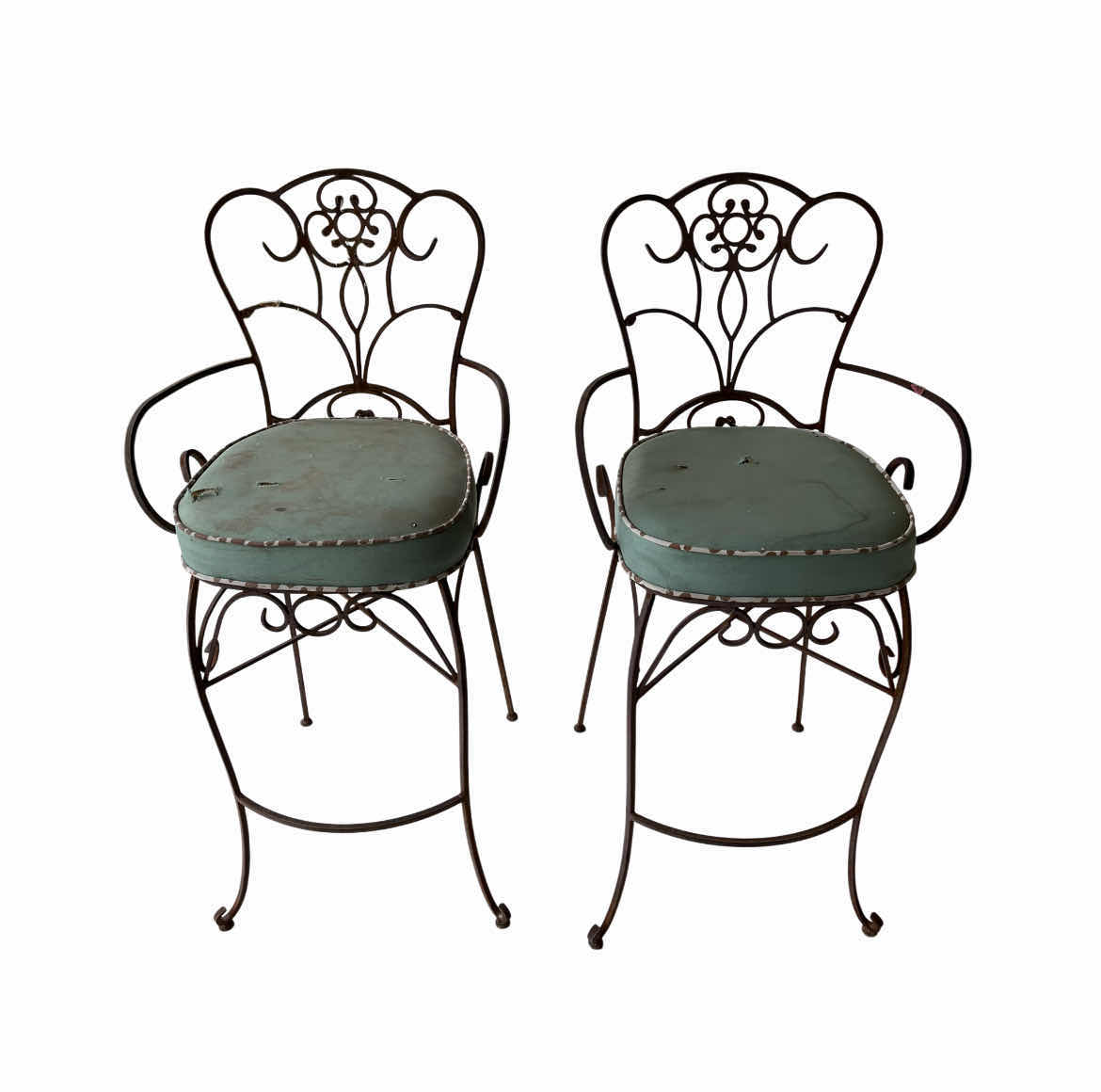 Photo 1 of VINTAGE WROUGHT IRON STONE TOP PATIO TABLE & 2 STOOLS (READ NOTES)