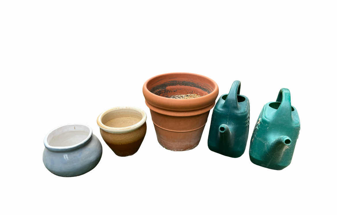 Photo 1 of CERAMIC PLANTERS (3) & 2 WATERING CANS