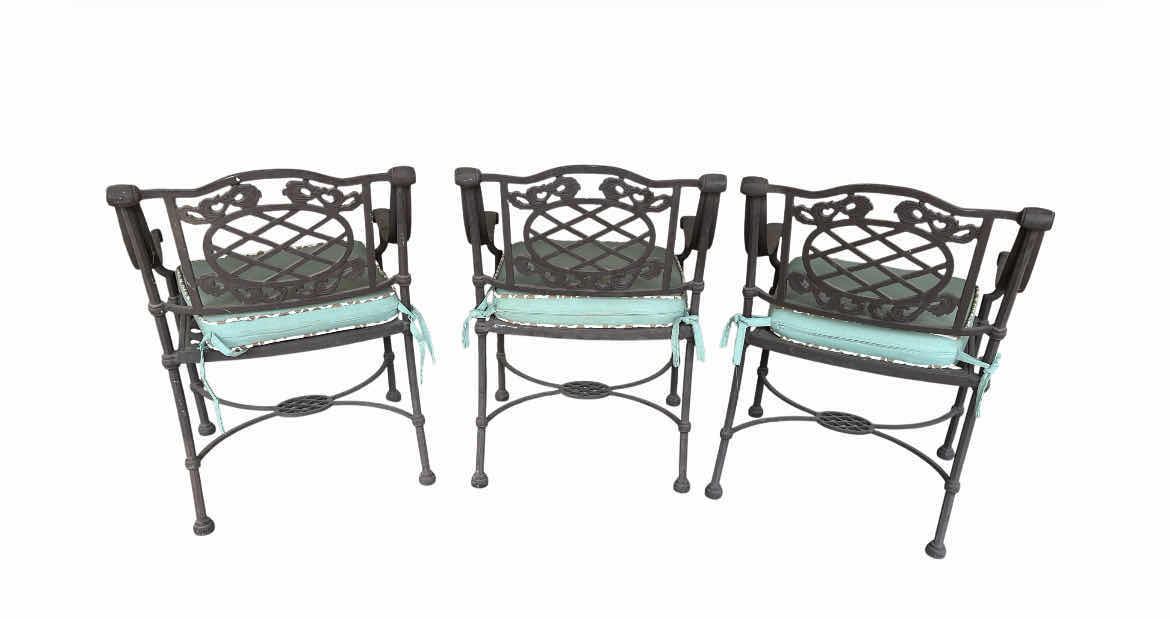 Photo 1 of MID-CENTURY ORNATE DESIGN WROUGHT IRON PATIO TABLE & 3 CHAIRS (READ NOTES)