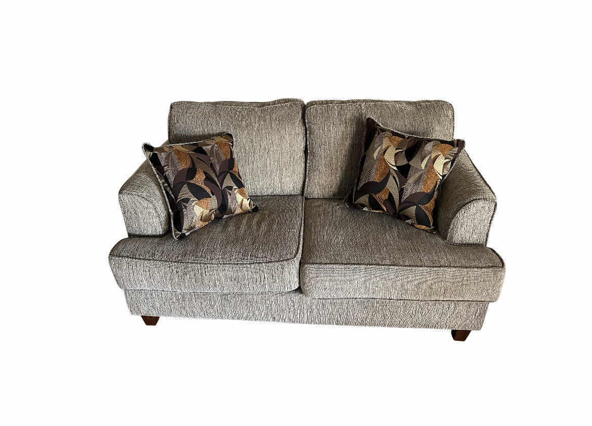 Photo 1 of HUGES JOHNSON COLLECTION LIGHT GRAY CORDUROY LOVESEAT W 2 THROW PILLOWS 64” X 37” H34”