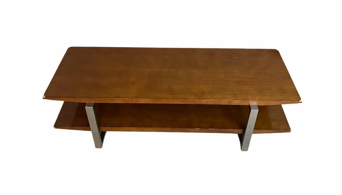 Photo 1 of 2 TIER WOOD SLAB BRUSHED STEEL FRAME COFFEE TABLE 54” X 22.5” H15.5”