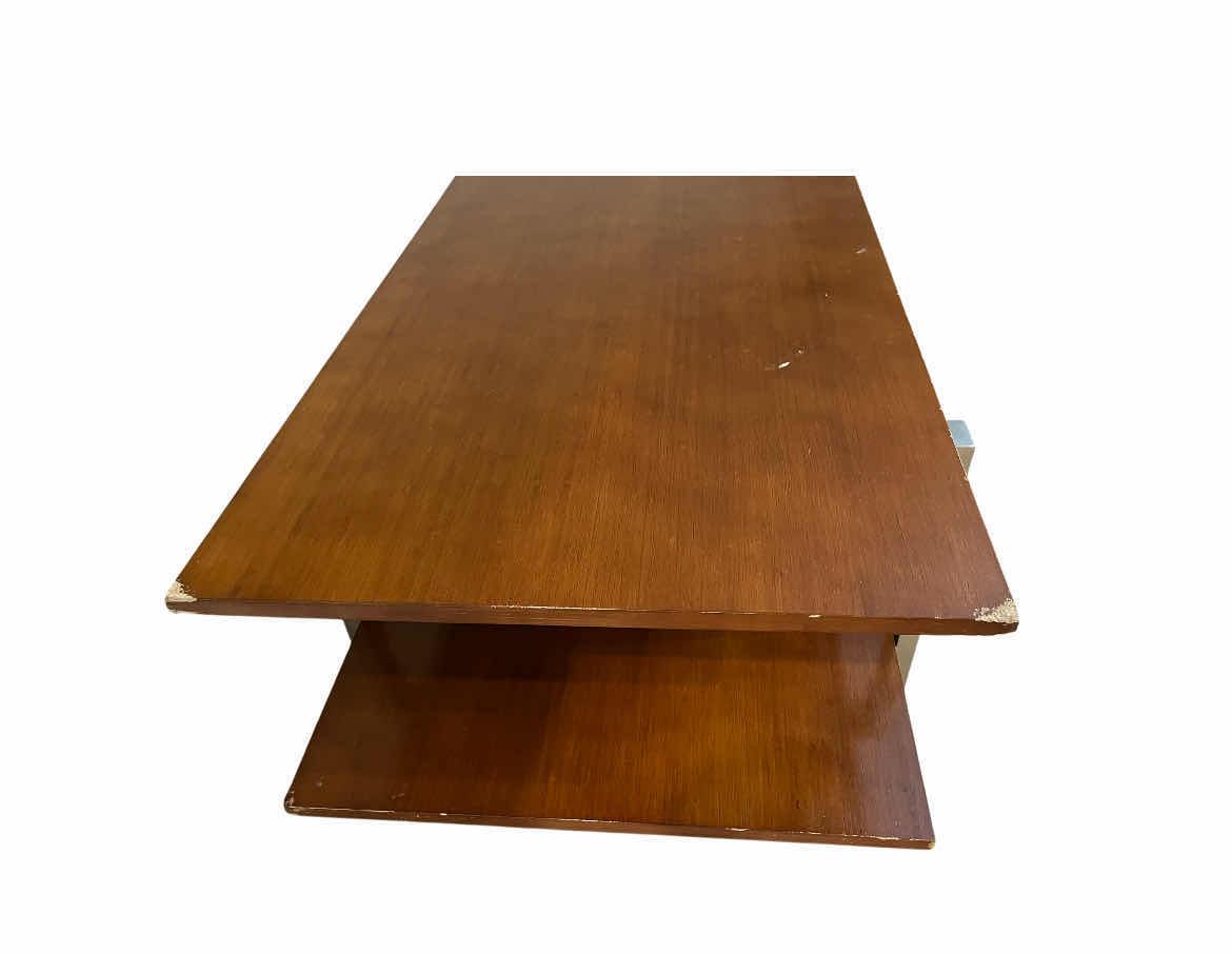 Photo 1 of 2 TIER WOOD SLAB BRUSHED STEEL FRAME COFFEE TABLE 54” X 22.5” H15.5”