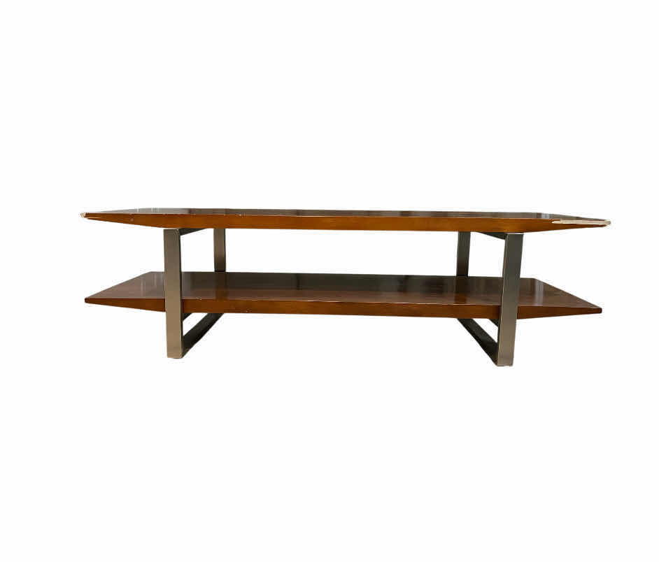 Photo 1 of 2 TIER WOOD SLAB BRUSHED STEEL FRAME COFFEE TABLE 54” X 22.5” H15.5”