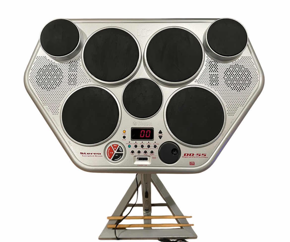 Photo 1 of YAMAHA ELECTRIC 7-PAD DIGITAL PERCUSSION STEREO SAMPLED DRUM SET DD-55 W CAM RECANATI QUIK LOK DRUM STAND