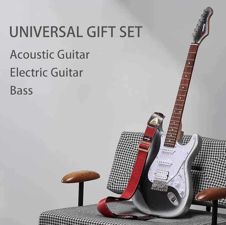 Photo 1 of MUSILY GUITAR STRAP, DURABLE DOUBLE-LAYER LEATHER END W METAL ACCENT, RED