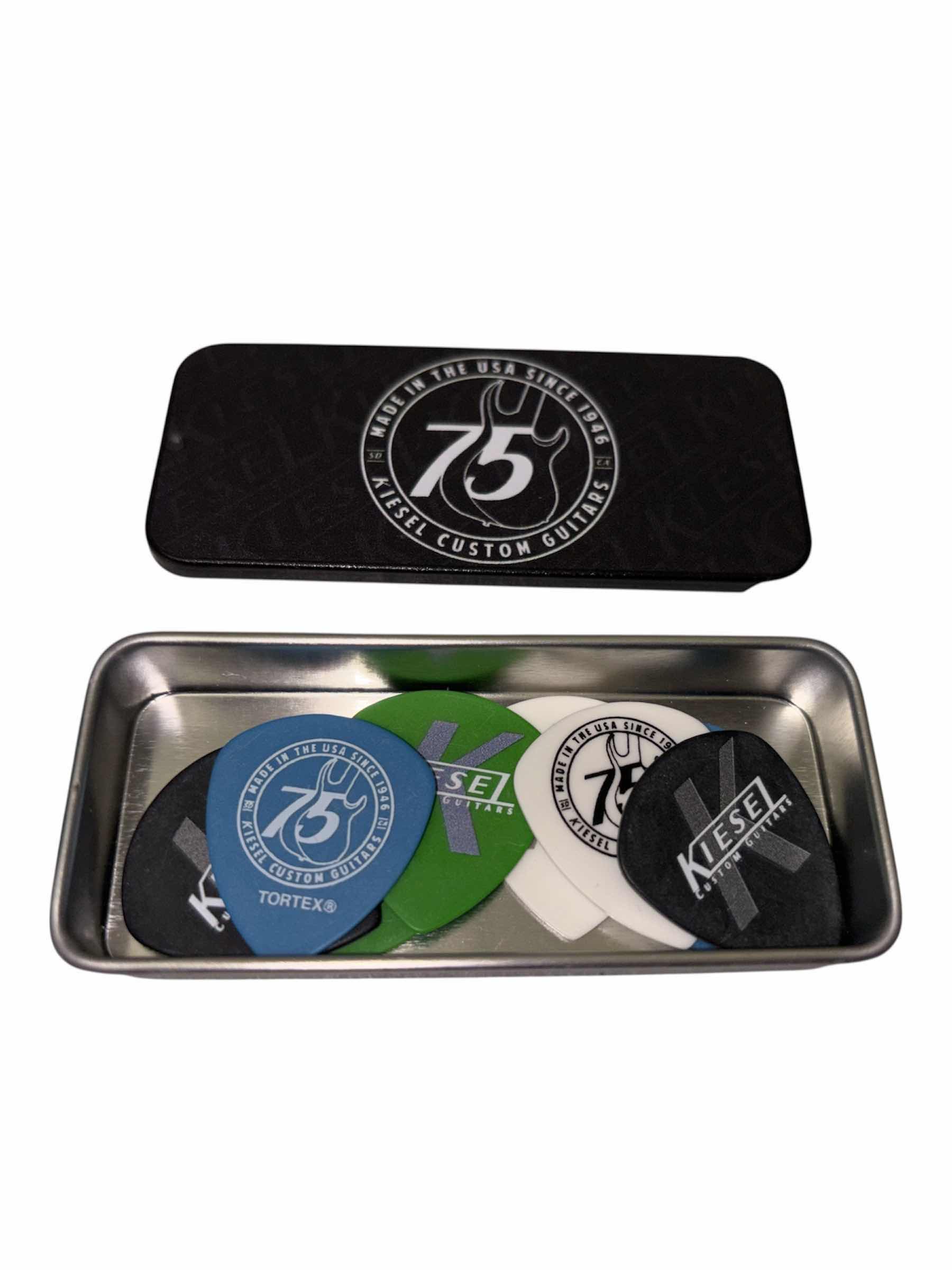 Photo 1 of KIESEL 75TH ANNIVERSARY LIMITED-EDITION PICK TIN, 2 OF EACH .88mm 1mm 1.14mm 1.5mm