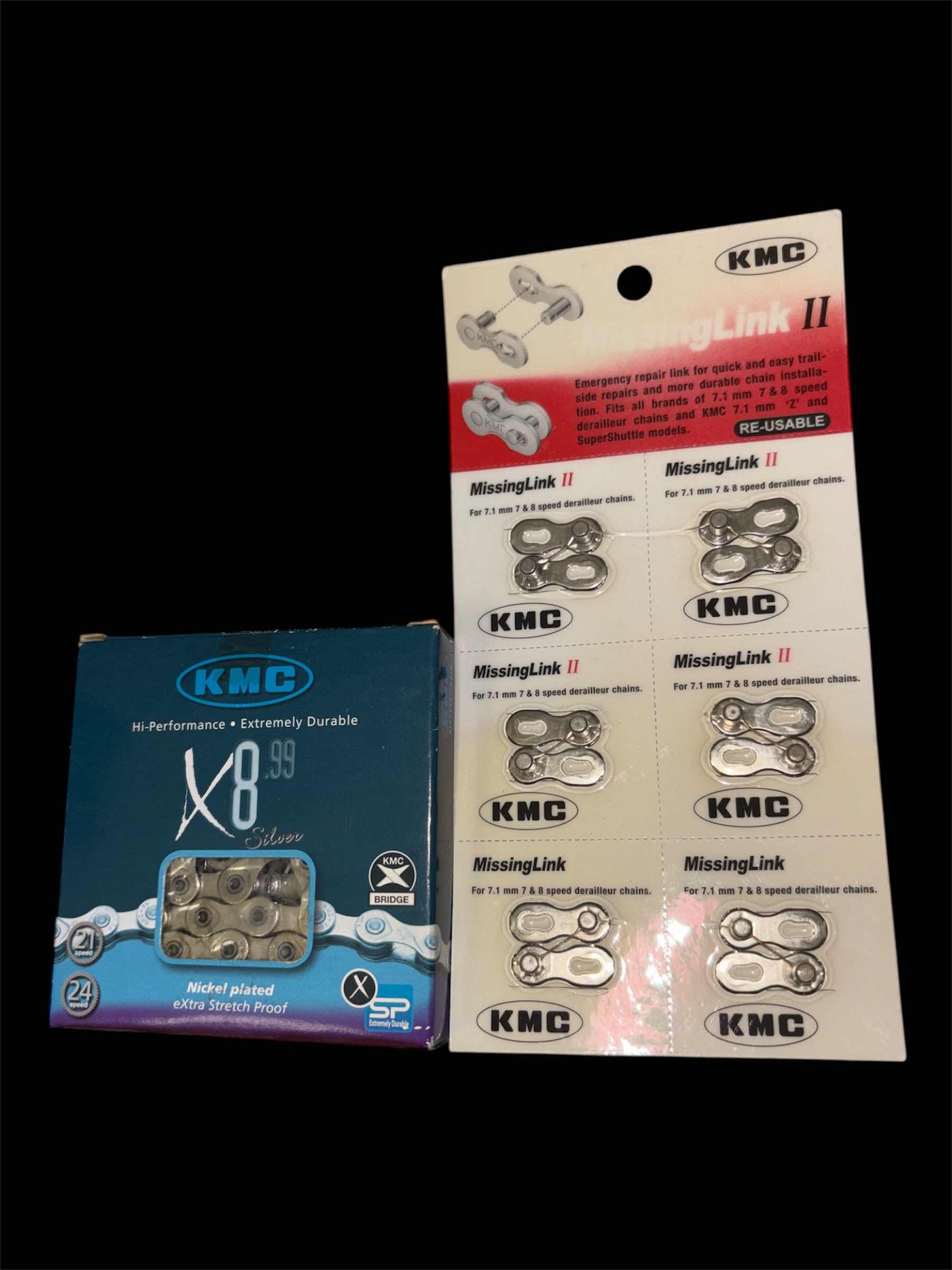 Photo 1 of NEW KMC CHAIN X8.99 SILVER 6-7-8  SPEED 1/2” X 3/32” 116 LINKS NICKEL PLATED BIKE CHAIN & KMC 7-8 SPEED REUSABLE MISSING LINK II FOR KMC CHAIN ONLY