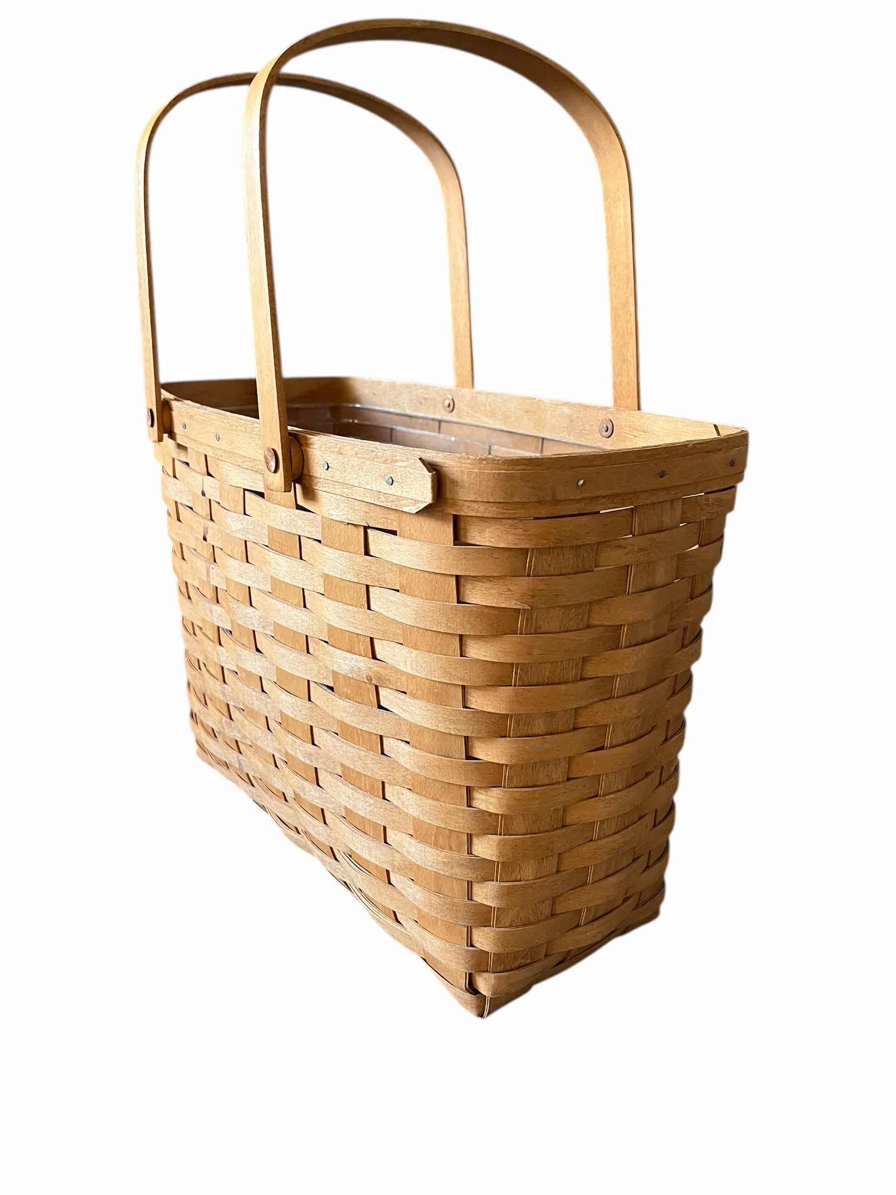 Photo 1 of LONGABERGER DARK STAIN HAND WOVEN 2 HANDLE MAGAZINE BASKET W PROTECTOR INSERT 15.75” X 8.5” H11”