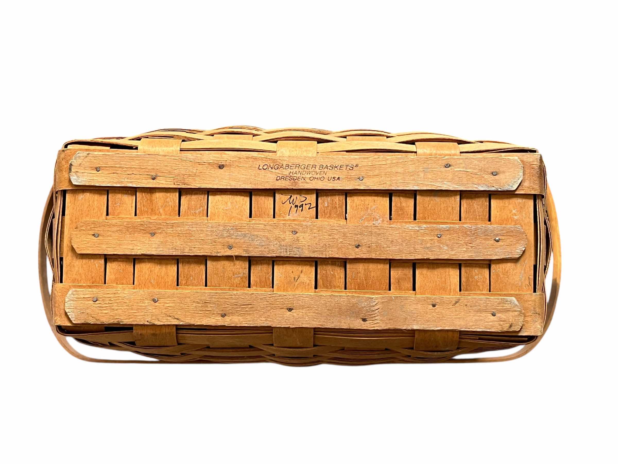 Photo 1 of LONGABERGER DARK STAIN HAND WOVEN 2 HANDLE MAGAZINE BASKET W PROTECTOR INSERT 15.75” X 8.5” H11”