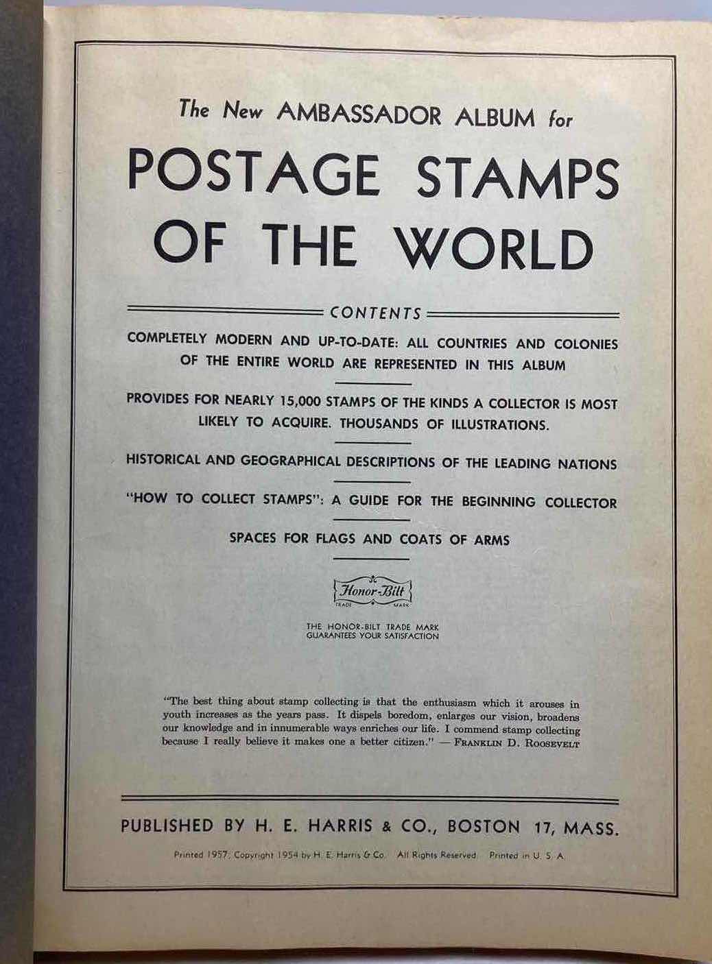 Photo 1 of THE AMBASSADOR ALBUM POSTAGE STAMPS OF THE WORLD BOOKLET PRINTED 1957 COPYRIGHT 1954 W STAMPS FROM AROUND THE WORLD