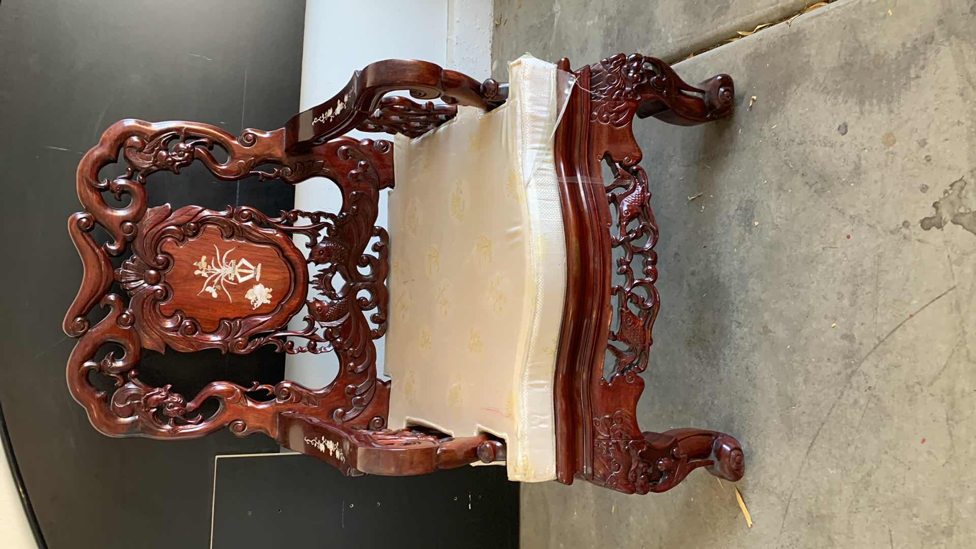 Photo 1 of ANTIQUE CHINESE ROSEWOOD CHAIR WITH INLAID MOTHER IF PEARL AND SILK SEAT CUSHION 26” X 27” H 40”