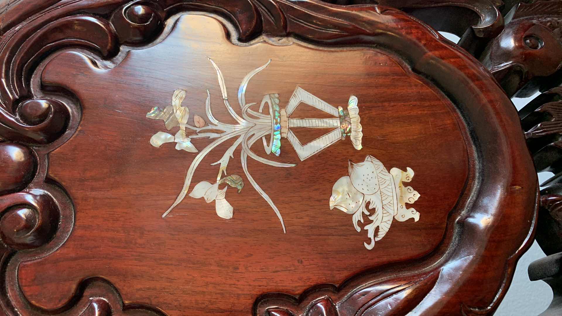 Photo 1 of ANTIQUE CHINESE ROSEWOOD CHAIR WITH INLAID MOTHER IF PEARL AND SILK SEAT CUSHION 26” X 27” H 40”