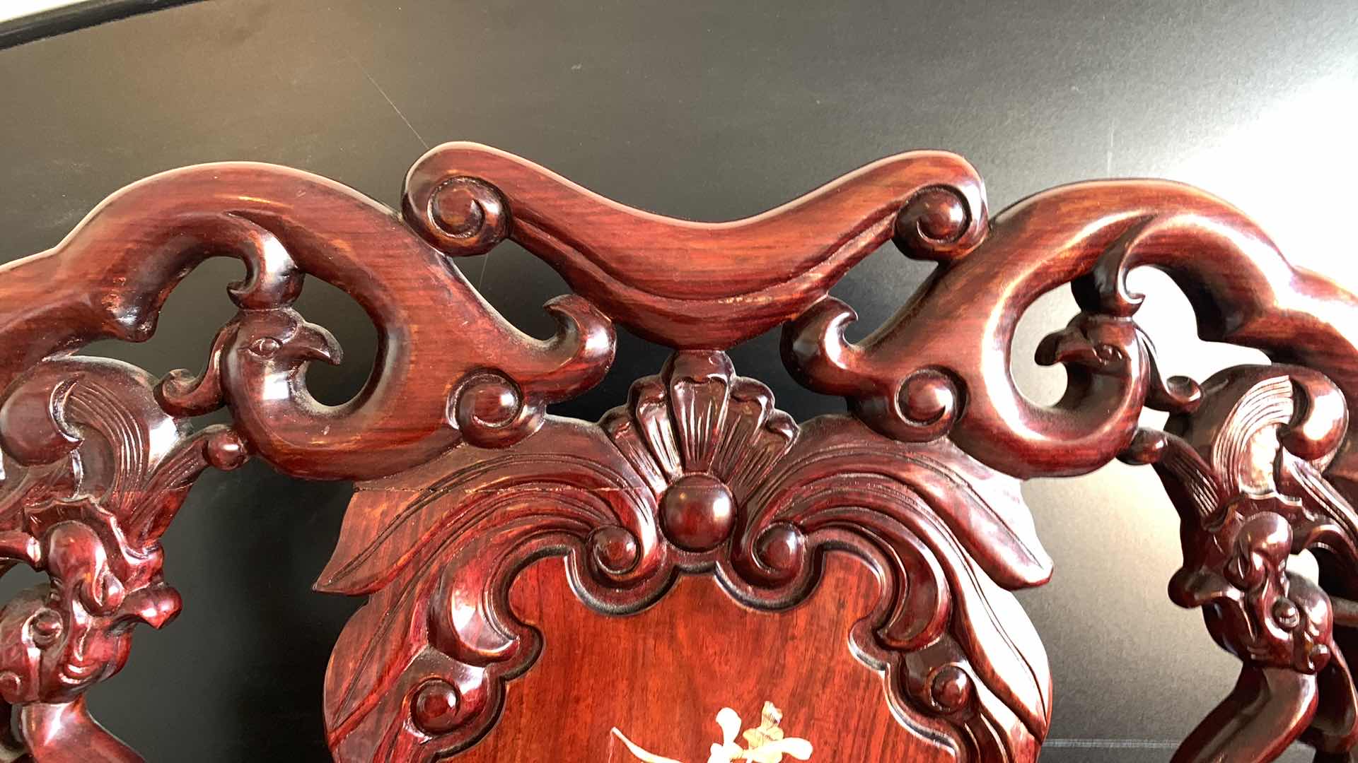 Photo 1 of ANTIQUE CHINESE ROSEWOOD CHAIR WITH INLAID MOTHER IF PEARL AND SILK SEAT CUSHION 26” X 27” H 40”