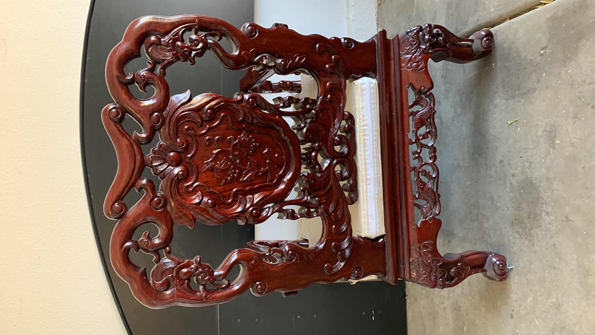 Photo 1 of ANTIQUE CHINESE ROSEWOOD CHAIR WITH INLAID MOTHER IF PEARL AND SILK SEAT CUSHION 26” X 27” H 40”