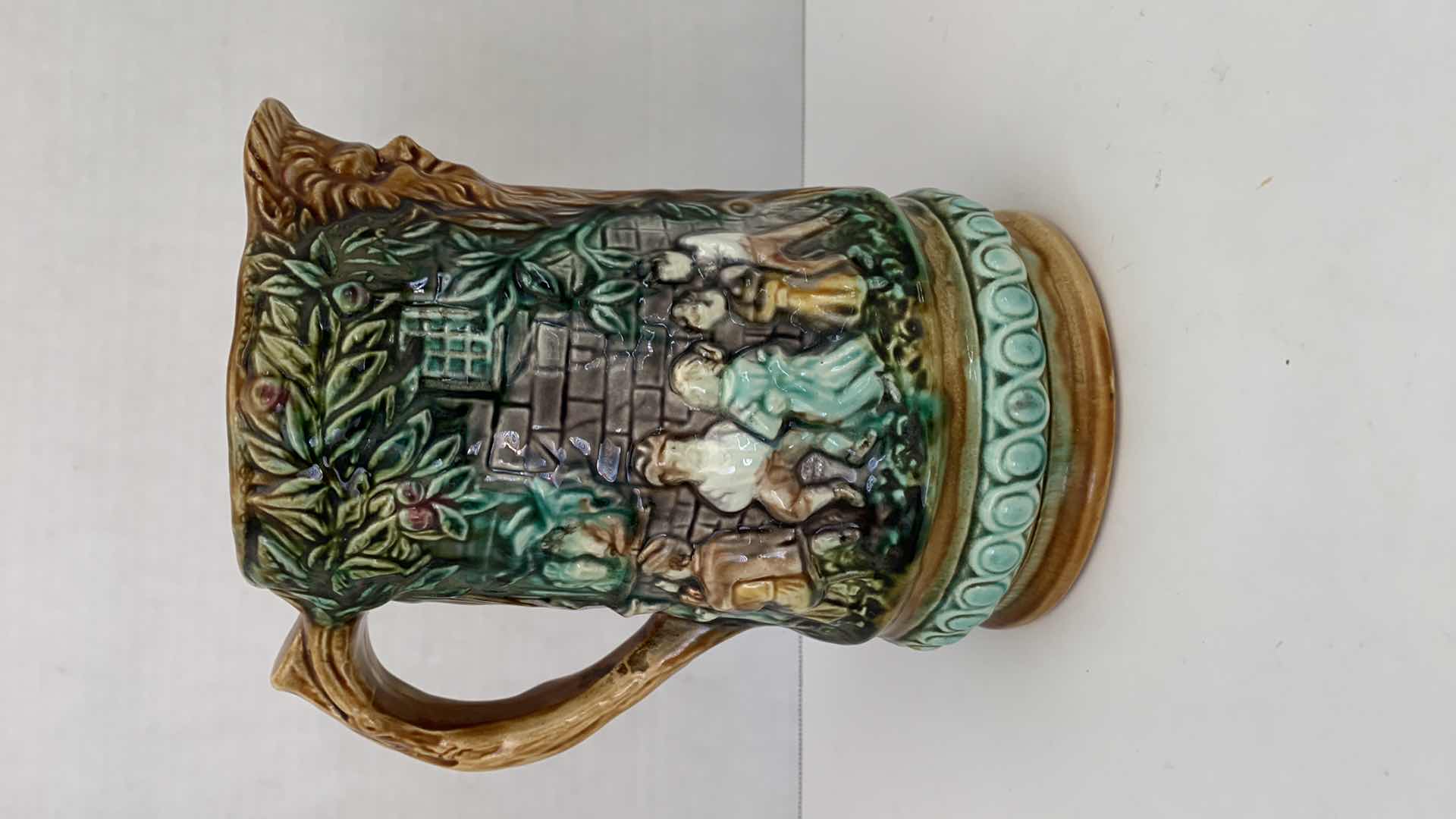 Photo 1 of ANTIQUE FRENCH MAJOLICA FRIE ONNAING FLEMISH FLAMANDS PATTERN PITCHER 714 7” X 8.5” $275