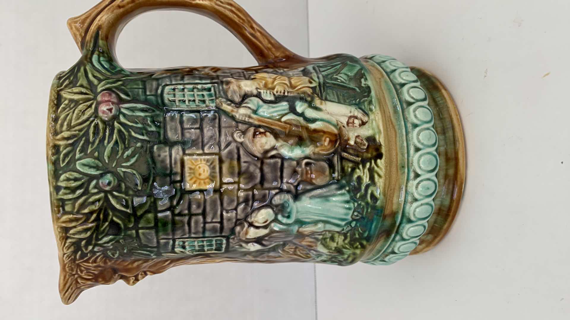 Photo 3 of ANTIQUE FRENCH MAJOLICA FRIE ONNAING FLEMISH FLAMANDS PATTERN PITCHER 714 7” X 8.5” $275