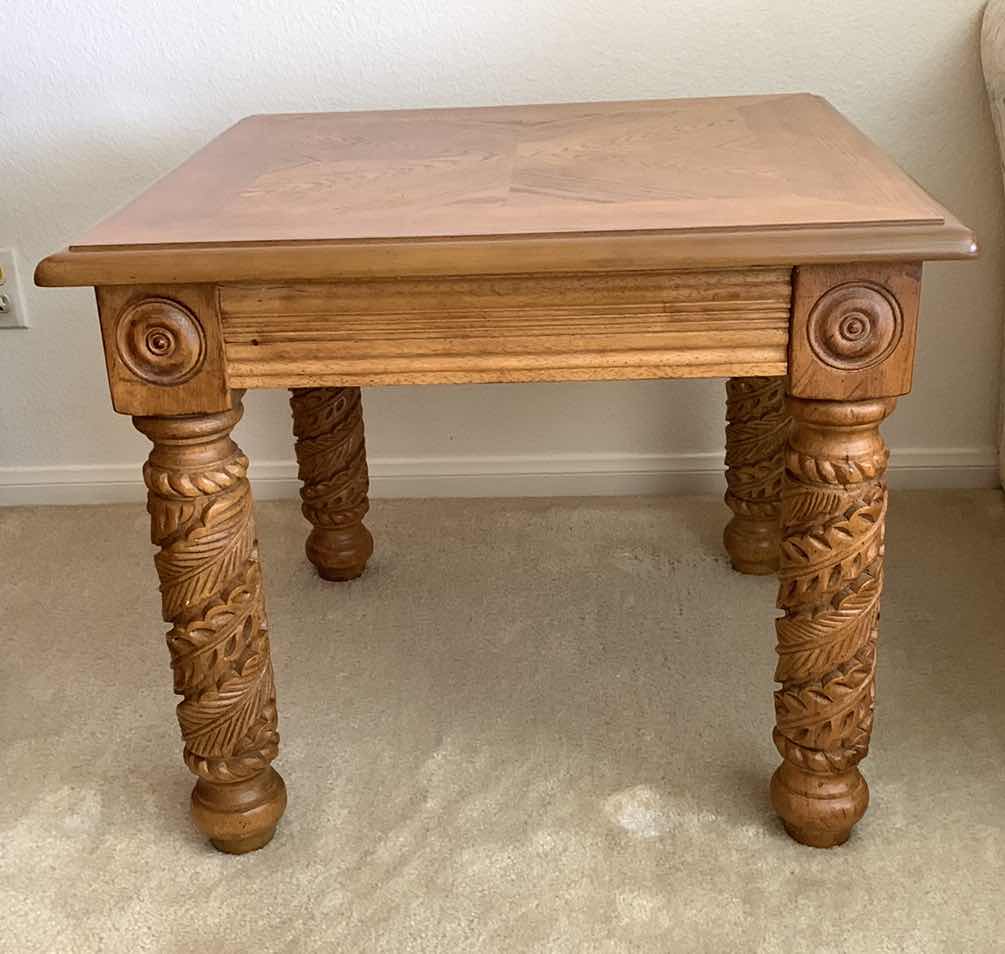 Photo 1 of WOODEN END TABLE WITH CARVED LEGS 27” X 27” H 23”