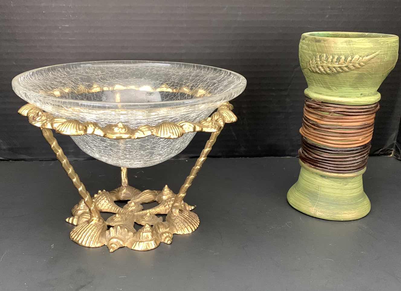 Photo 1 of VINTAGE BRASS AND CRACKED GLASS BOWL 8.5” X 6” AND CANDLE