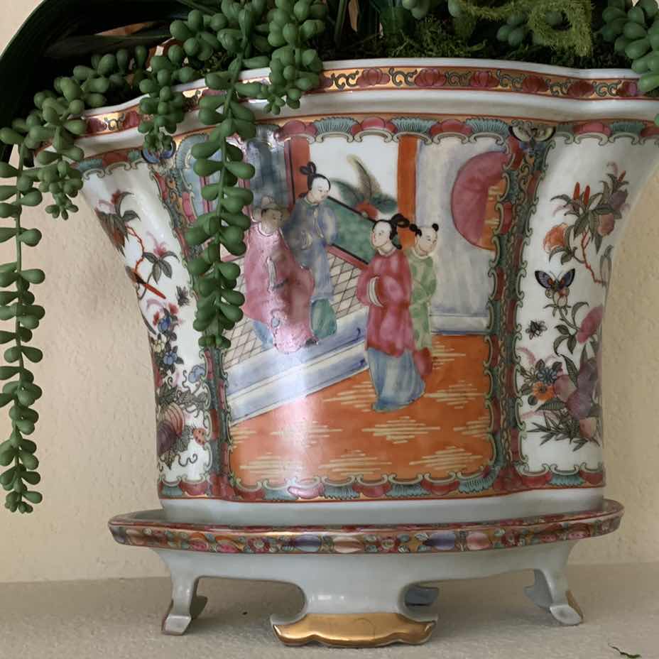 Photo 2 of FLUTED CHINESE PORCELAIN FLOWER POT 13” X 10” WITH ARRANGEMENT