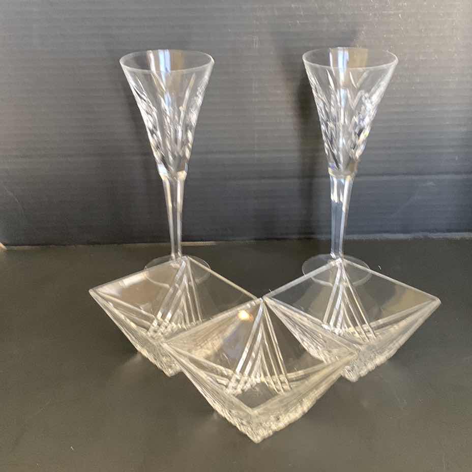 Photo 1 of WATERFORD CRYSTAL CHAMPAGNE FLUTES AND VINTAGE CORRE SQUARE RIBBED DISHES