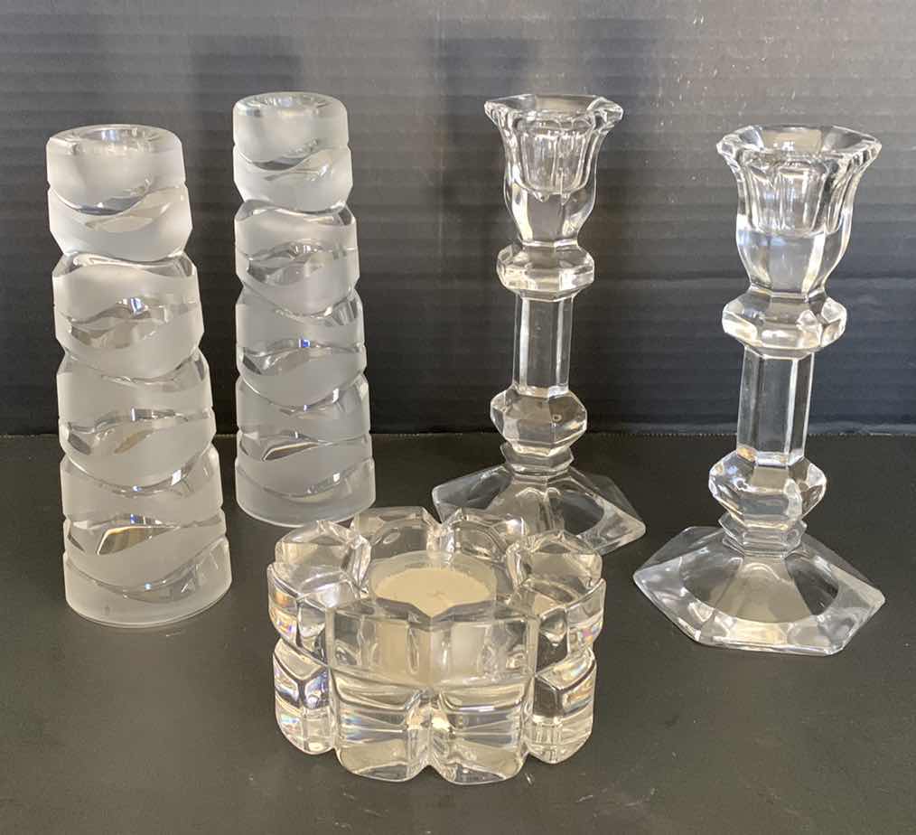 Photo 1 of PAIR OF JG DURAND CRYSTAL CANDLE STICK HOLDERS AND OTHER CANDLE HOLDERS