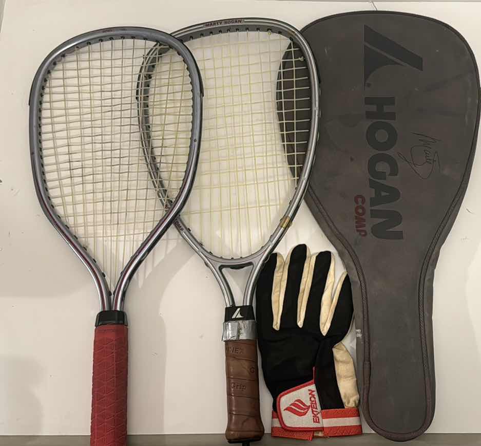 Photo 1 of PAIR OF VINTAGE RACQUETBALL RACKETS AND 2 ACCESSORIES HOGAN