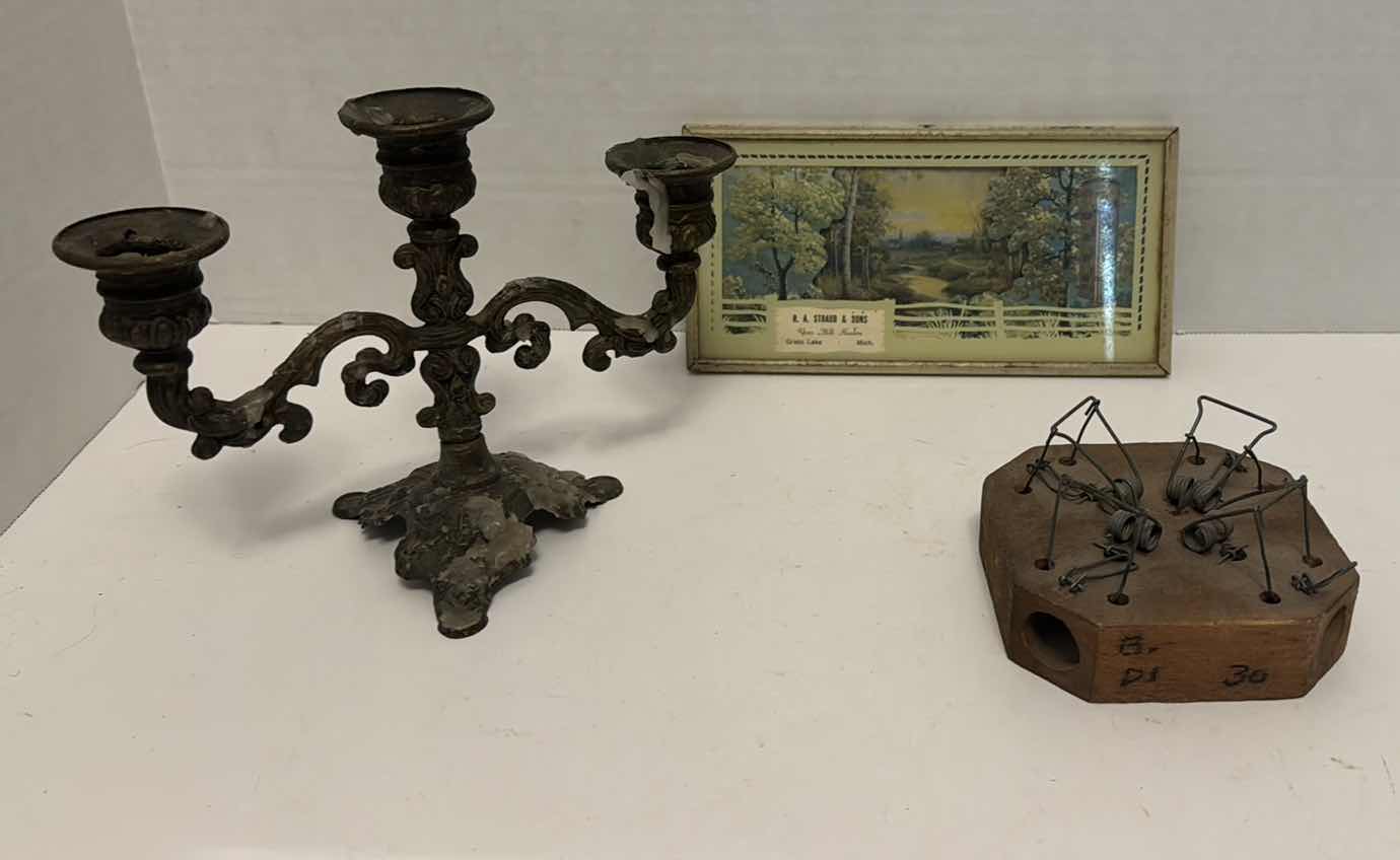 Photo 1 of 3- VINTAGE COLLECTIBLES-CANDELABRA, THERMOMETER & MOUSETRAP


