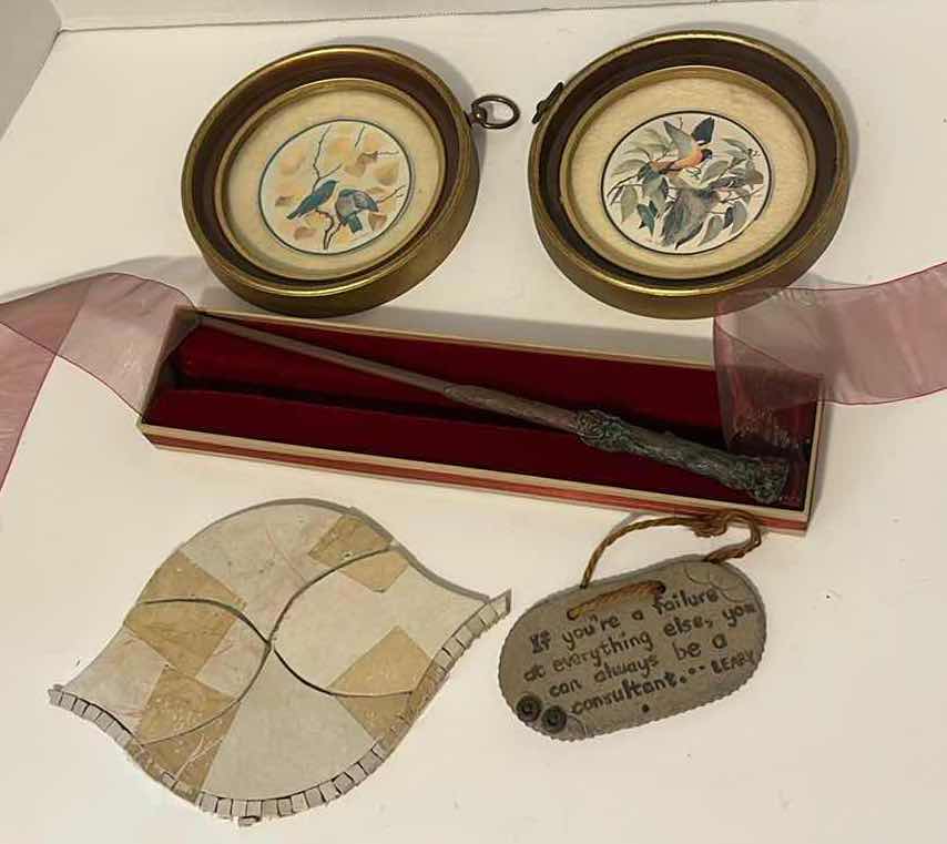 Photo 1 of LOT OF HOME-GOODS, BIRD FRAMES, HARRY POTTER WAND, TILE SAMPLE AND SMALL HANGABLE SIGN